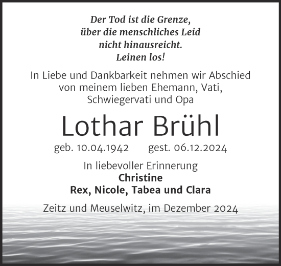 Traueranzeige von Lothar Brühl von Trauerkombi Zeitz
