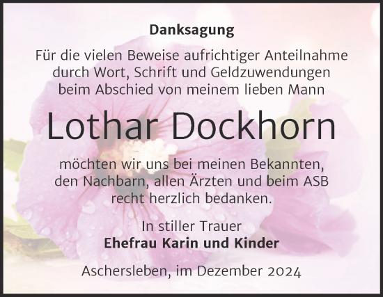 Traueranzeige von Lothar Dockhorn von Trauerkombi Aschersleben