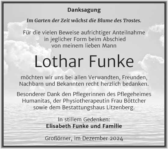 Traueranzeige von Lothar Funke von Trauerkombi Mansfelder Land