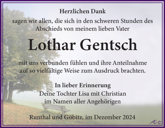 Traueranzeige von Lothar Gentsch von Trauerkombi Weißenfels