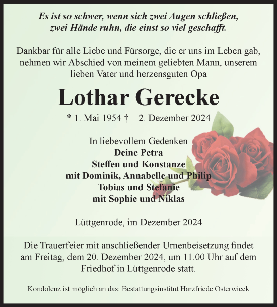 Traueranzeige von Lothar Gerecke von Volksstimme Halberstadt