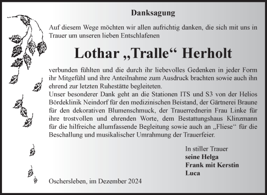 Traueranzeige von Lothar Herholt von Volksstimme Oschersleben/Wanzleben