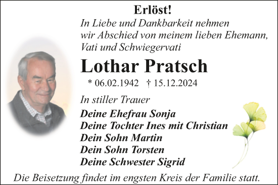Traueranzeige von Lothar Pratsch von Trauerkombi Dessau