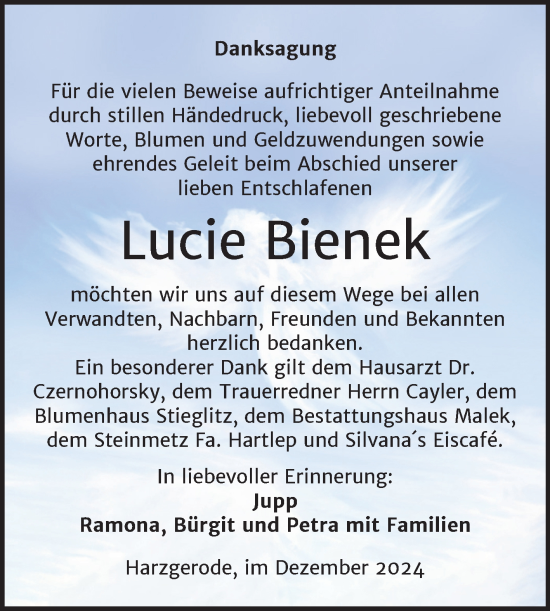 Traueranzeige von Lucie Bienek von Trauerkombi Quedlinburg