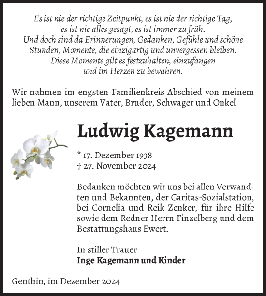 Traueranzeige von Ludwig Kagemann von Volksstimme Burg/Genthin