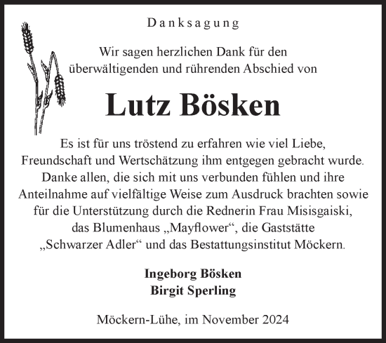 Traueranzeige von Lutz Bösken von Volksstimme Burg/Genthin