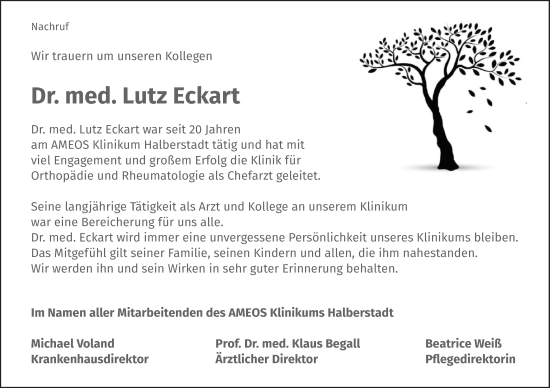 Traueranzeige von Lutz Eckart von Volksstimme Halberstadt