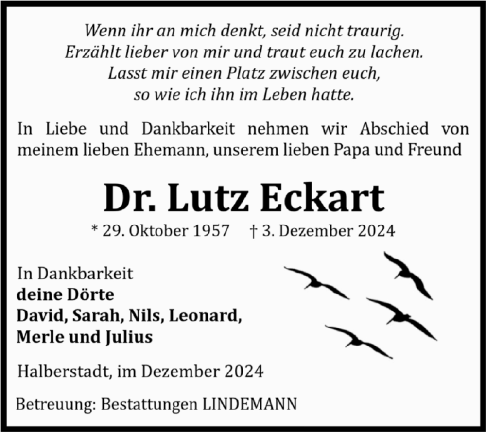  Traueranzeige für Lutz Eckart vom 07.12.2024 aus Volksstimme Halberstadt