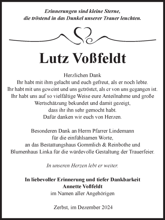 Traueranzeige von Lutz Voßfeldt von Volksstimme Zerbst
