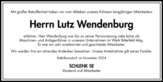 Traueranzeige von Lutz Wendenburg von SuperSonntag Bitterfeld