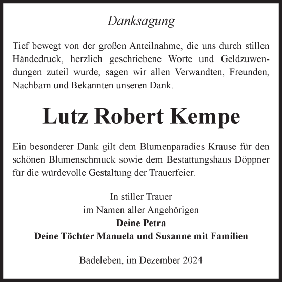 Traueranzeige von Lutz Robert Kempe von Volksstimme Oschersleben/Wanzleben