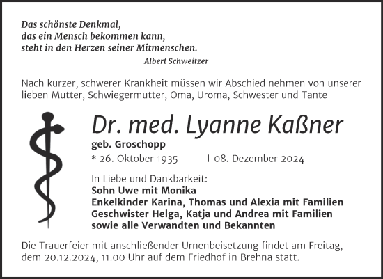 Traueranzeige von Lyanne Kaßner von Trauerkombi Bitterfeld