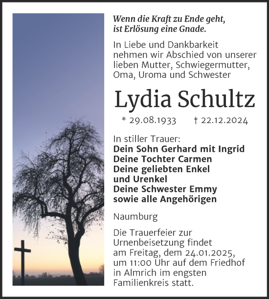 Traueranzeige von Lydia Schultz von Naumburger Tageblatt