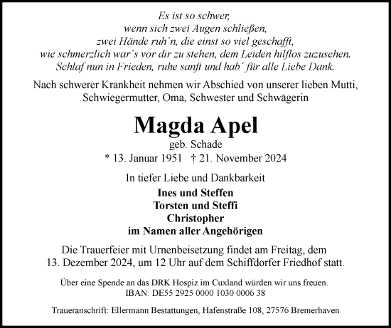 Traueranzeige von Magda Apel von Trauerkombi Sangerhausen
