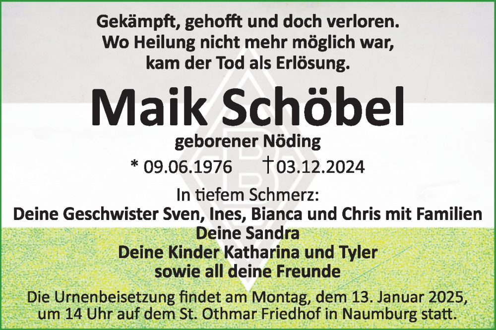  Traueranzeige für Maik Schöbel vom 14.12.2024 aus Super Sonntag Naumburg/Nebra