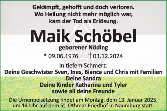 Traueranzeige von Maik Schöbel von Super Sonntag Naumburg/Nebra