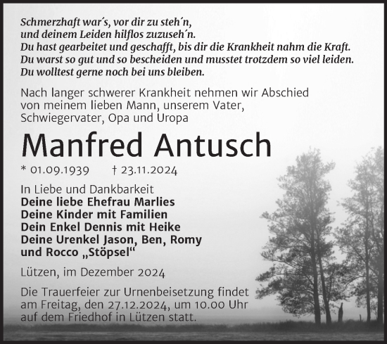 Traueranzeige von Manfred Antusch von Trauerkombi Weißenfels
