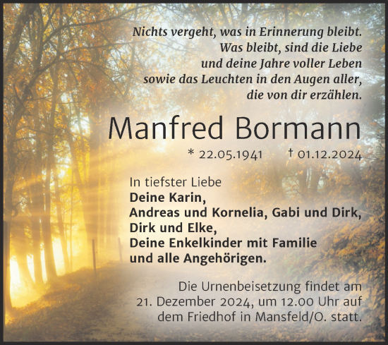 Traueranzeige von Manfred Bormann von Trauerkombi Mansfelder Land
