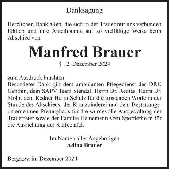 Traueranzeige von Manfred Brauer von Volksstimme Burg/Genthin
