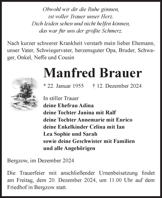Traueranzeige von Manfred Brauer von Volksstimme Burg/Genthin