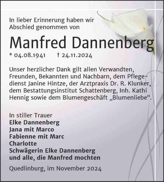 Traueranzeige von Manfred Dannenberg von Trauerkombi Quedlinburg