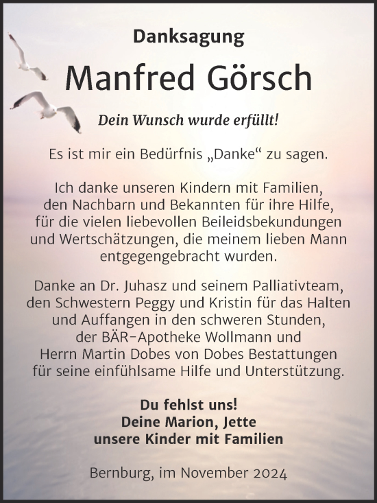 Traueranzeige von Manfred Görsch von Trauerkombi Bernburg