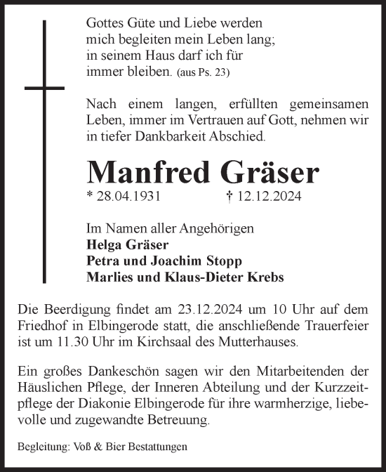 Traueranzeige von Manfred Gräser von Volksstimme Wernigerode