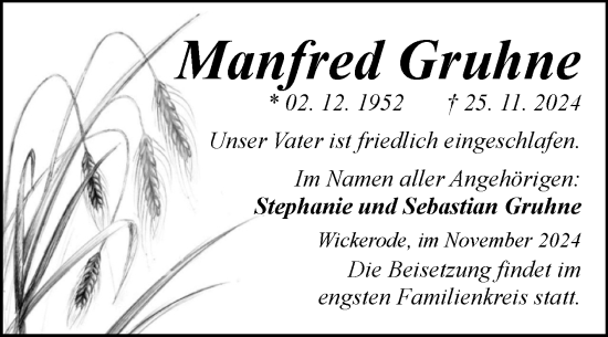 Traueranzeige von Manfred Gruhne von Trauerkombi Sangerhausen
