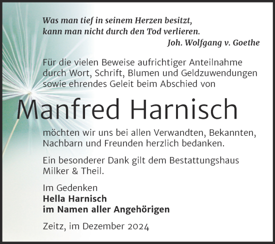 Traueranzeige von Manfred Harnisch von Trauerkombi Zeitz