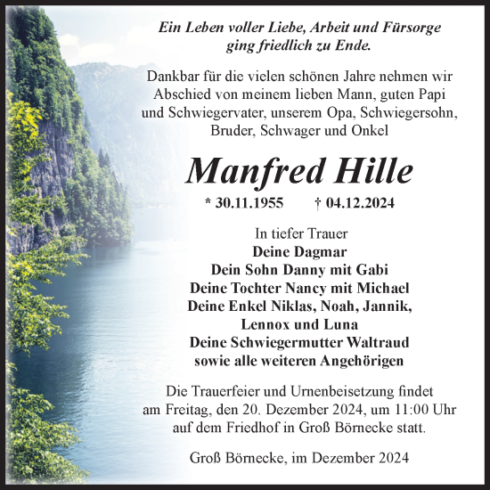 Traueranzeige von Manfred Hille von Volksstimme Staßfurt