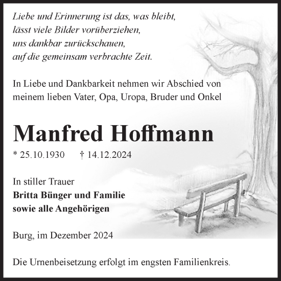 Traueranzeige von Manfred Hoffmann von Volksstimme Burg/Genthin
