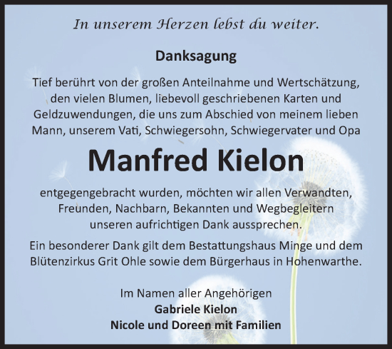 Traueranzeige von Manfred Kielon von Volksstimme Burg/Genthin