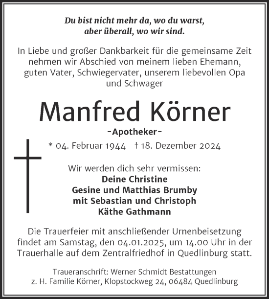 Traueranzeige von Manfred Körner von Mitteldeutsche Zeitung Aschersleben