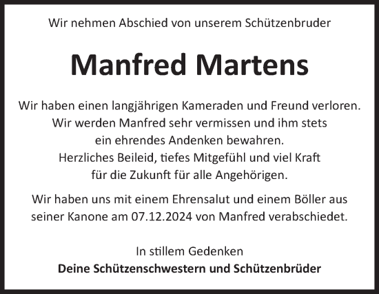 Traueranzeige von Manfred Martens von Volksstimme Haldensleben/Wolmirstedt
