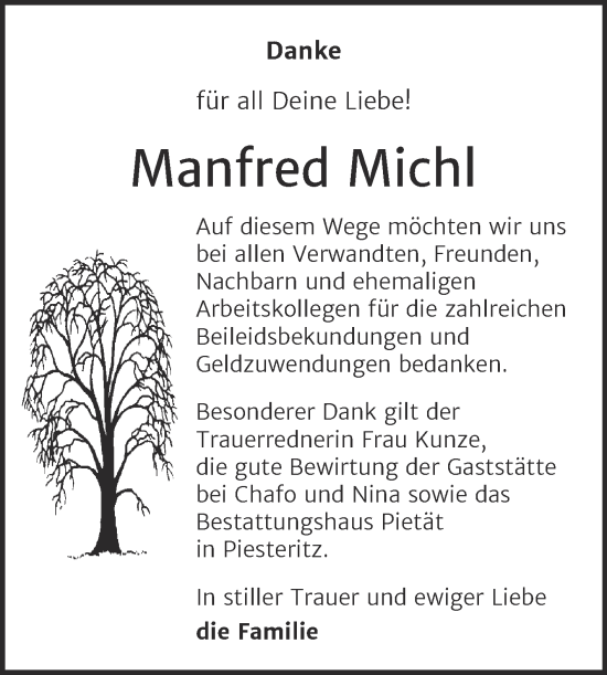 Traueranzeige von Manfred Michl von Trauerkombi Wittenberg