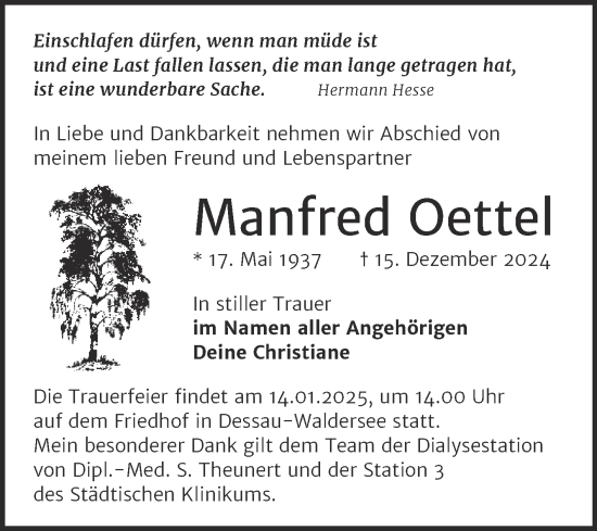 Traueranzeige von Manfred Oettel von Trauerkombi Dessau