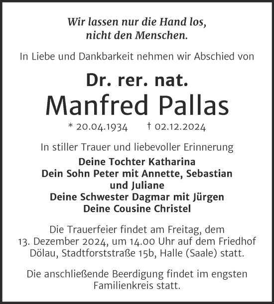 Traueranzeige von Manfred Pallas von Mitteldeutsche Zeitung Bitterfeld