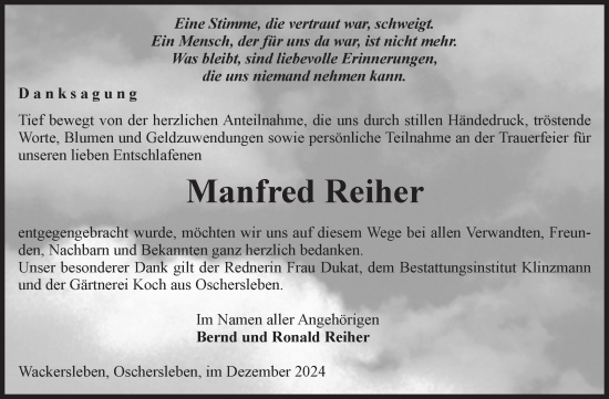 Traueranzeige von Manfred Reiher von Volksstimme Oschersleben/Wanzleben