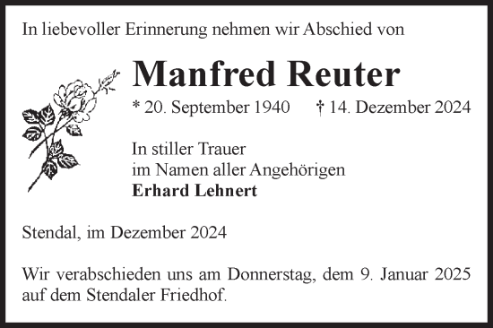 Traueranzeige von Manfred Reuter von Volksstimme Altmark Ost