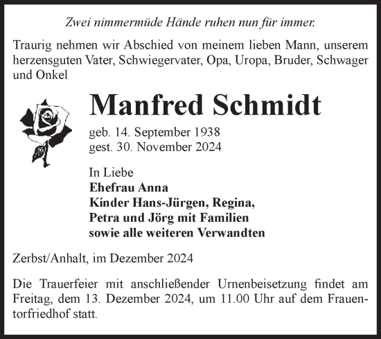 Traueranzeige von Manfred Schmidt von Volksstimme Zerbst