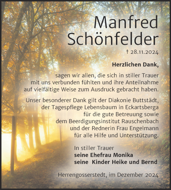 Traueranzeige von Manfred Schönfelder von Super Sonntag Naumburg/Nebra