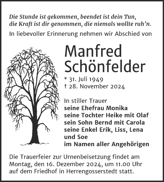 Traueranzeige von Manfred Schönfelder von Super Sonntag Naumburg/Nebra
