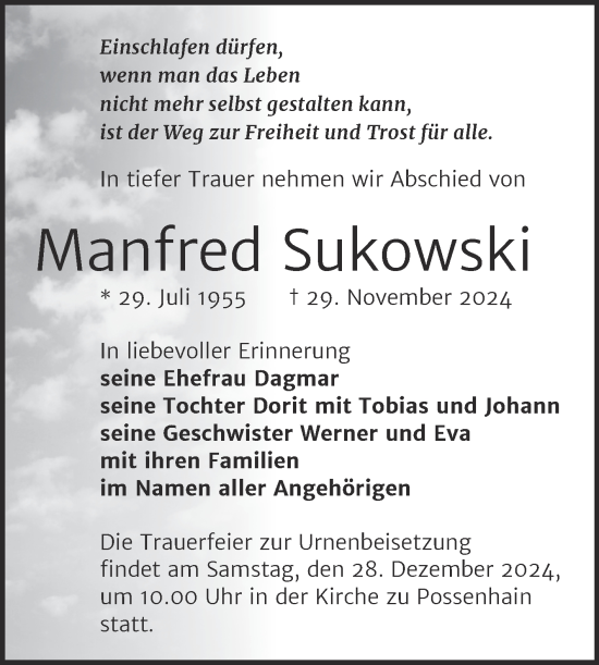Traueranzeige von Manfred Sukowski von Naumburger Tageblatt