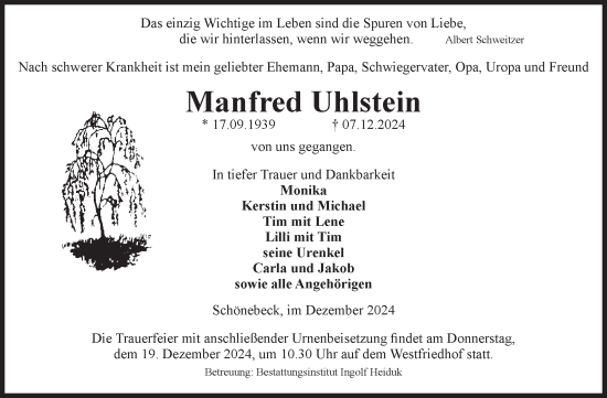 Traueranzeige von Manfred Uhlstein von Volksstimme Schönebeck