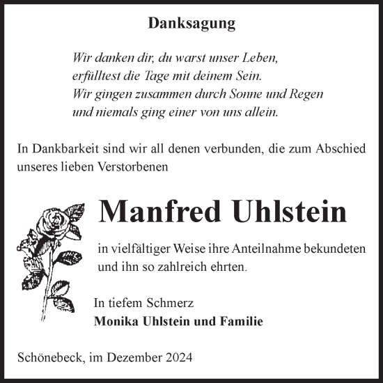 Traueranzeige von Manfred Uhlstein von Volksstimme Schönebeck