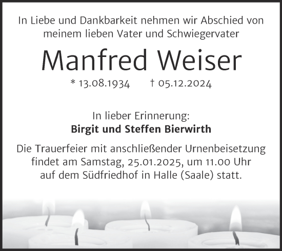 Traueranzeige von Manfred Weiser von Mitteldeutsche Zeitung Halle/Saalkreis