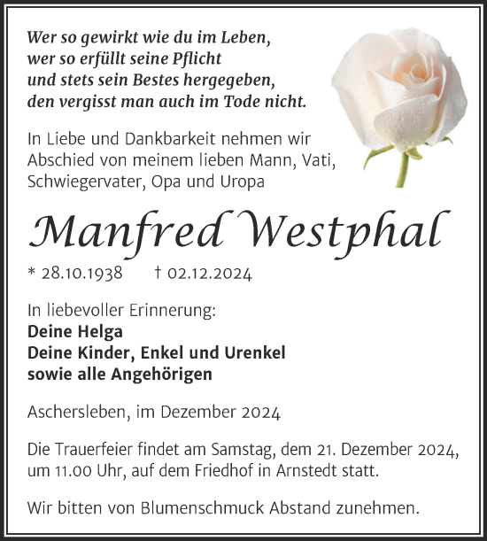 Traueranzeige von Manfred Westphal von Trauerkombi Mansfelder Land