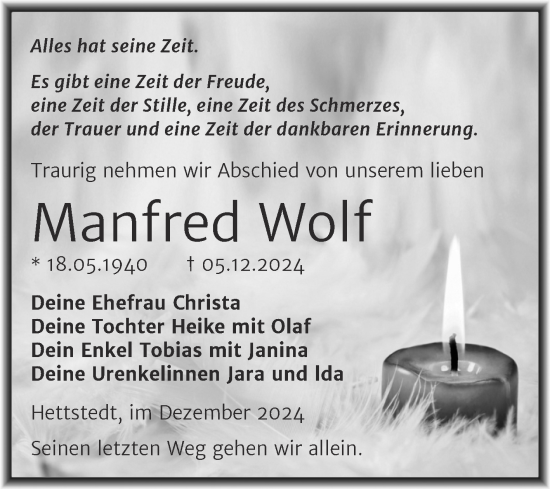 Traueranzeige von Manfred Wolf von Trauerkombi Mansfelder Land