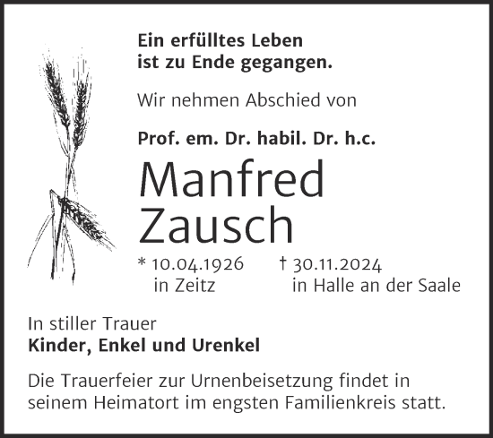 Traueranzeige von Manfred Zausch von Mitteldeutsche Zeitung Halle/Saalkreis