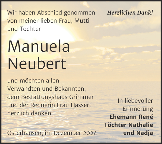 Traueranzeige von Manuela Neubert von Trauerkombi Mansfelder Land